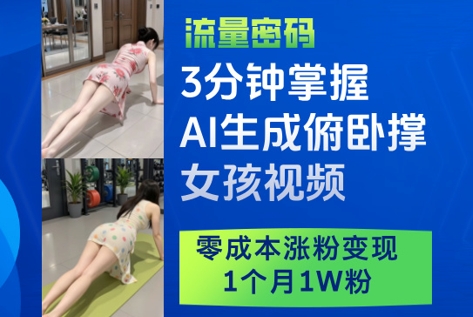 3分钟掌握AI生成俯卧撑女孩视频，零成本涨粉变现，1个月1W粉-我爱自学网