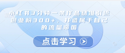 小红书3分钟一条作品精准引流创业粉300+，打造属于自己的流量帝国-我爱自学网