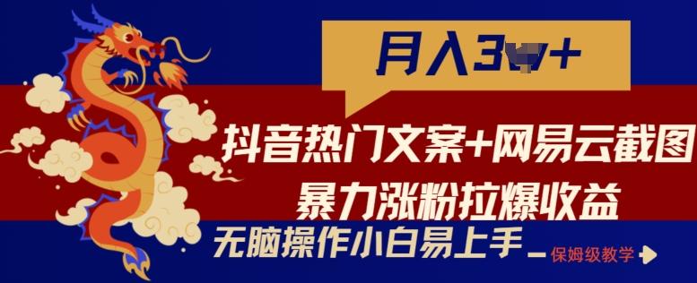 抖音热门文案+网易云截图暴力涨粉拉爆收益玩法，小白无脑操作，简单易上手【揭秘】-我爱自学网