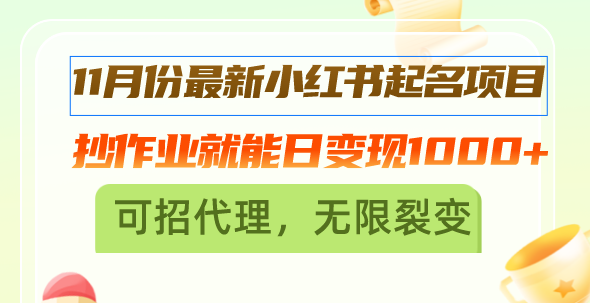 11月份最新小红书起名项目，抄作业就能日变现1000+，可招代理，无限裂变-我爱自学网