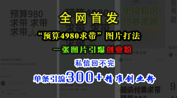 小红书“预算4980带我飞”图片打法，一张图片引爆创业粉，私信回不完，单条引流300+精准创业粉-我爱自学网