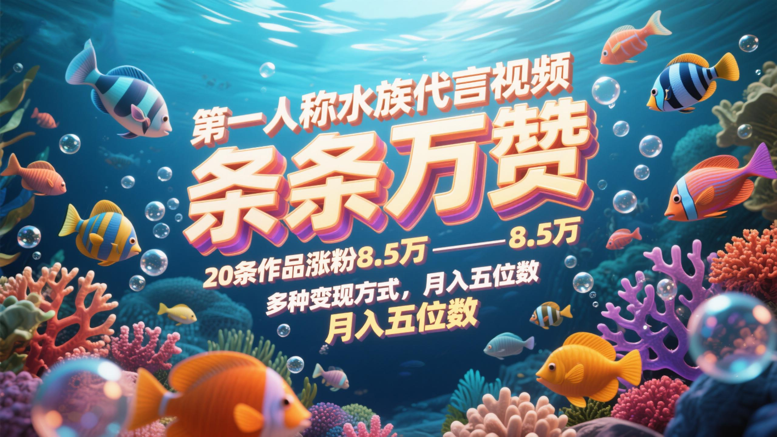 第一人称水族代言视频，条条万赞，20条作品涨粉8.5万，多种变现方式月，入五位数-我爱自学网